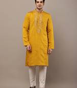 Men’s mustard embroidered kurta pyjama set