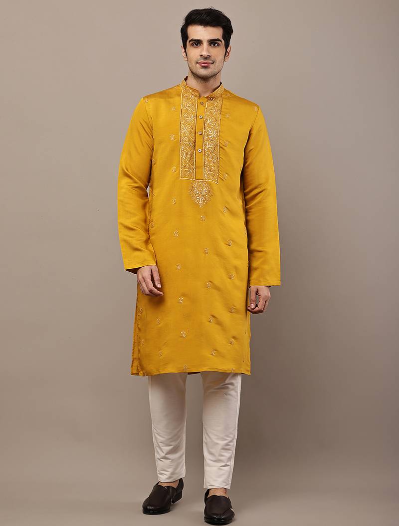 Men’s mustard embroidered kurta pyjama set