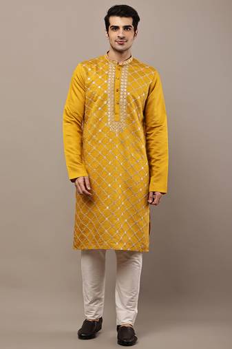 Men’s mustard yellow embroidered kurta pyjama set