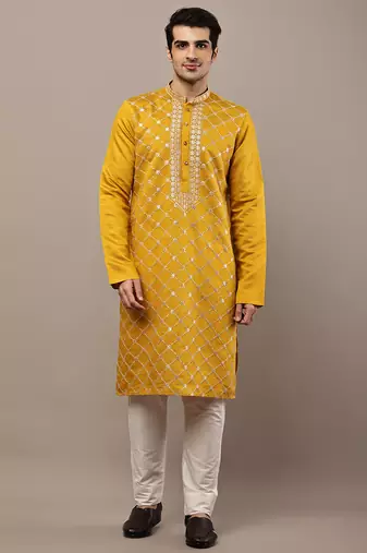 Men’s mustard yellow embroidered kurta pyjama set