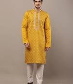 Men’s mustard yellow embroidered kurta pyjama set