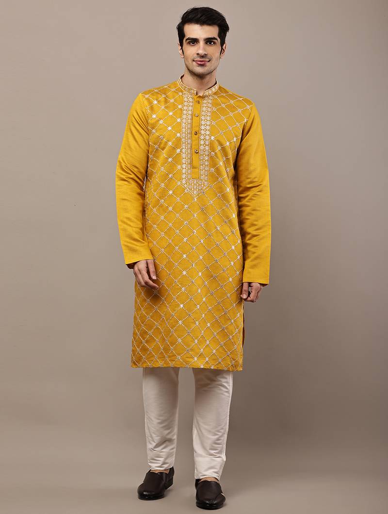 Men’s mustard yellow embroidered kurta pyjama set