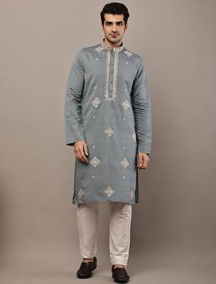 grey viscose kurta set with embroidered work 1