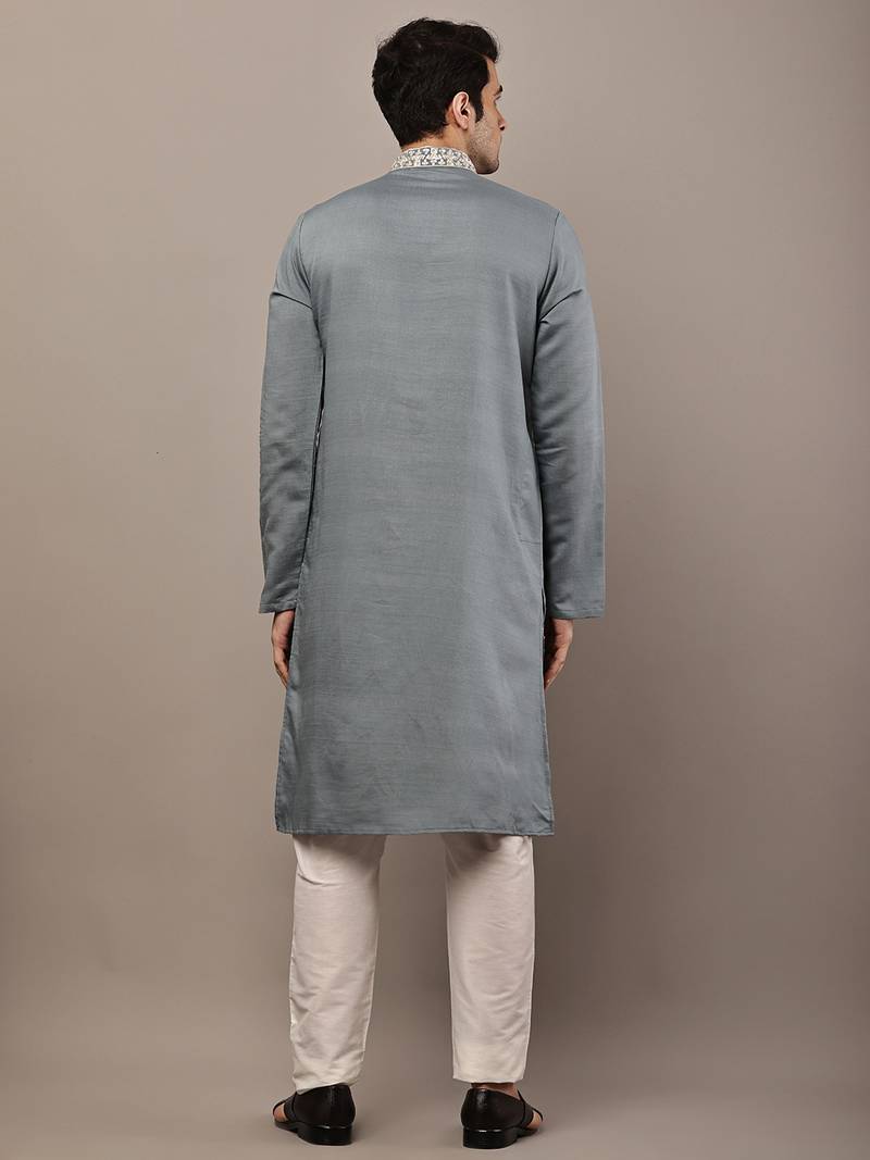 Men’s grey embroidered kurta pyjama set