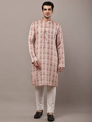 beige viscose kurta set with printed ethnic design 1