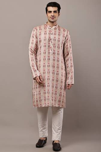 beige viscose kurta set with printed ethnic design