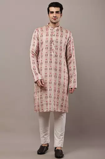 Men’s beige printed kurta pyjama set