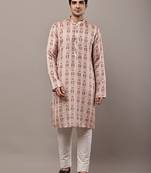 Men’s beige printed kurta pyjama set