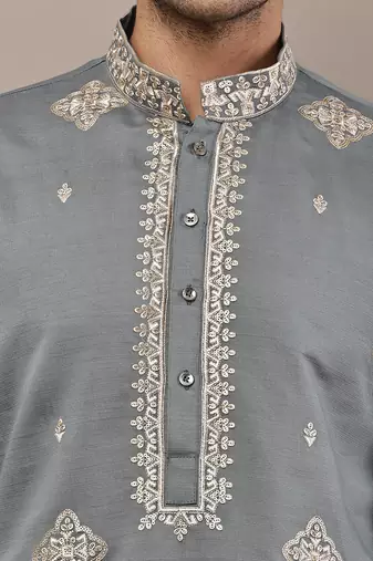 grey viscose kurta set with embroidered work