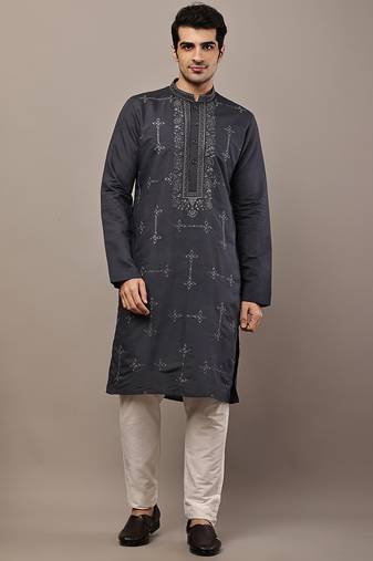 Men’s dark grey embroidered kurta pyjama set