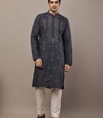 Men’s dark grey embroidered kurta pyjama set