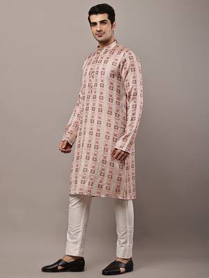 beige viscose kurta set with printed ethnic design 2