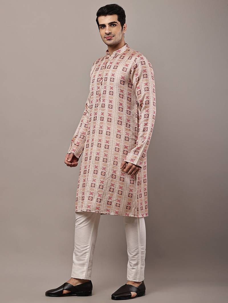 Men’s beige printed kurta pyjama set