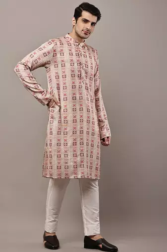 beige viscose kurta set with printed ethnic design