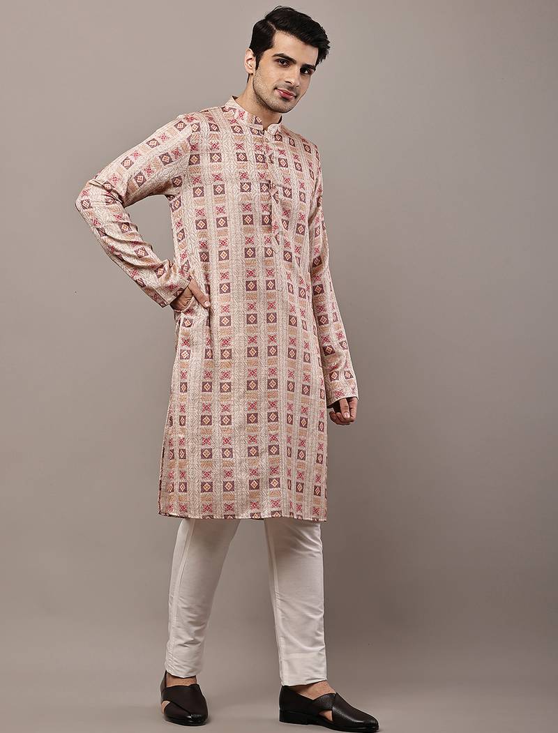 Men’s beige printed kurta pyjama set