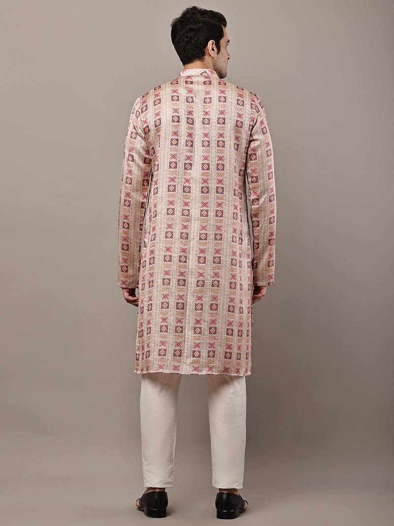 Men’s beige printed kurta pyjama set