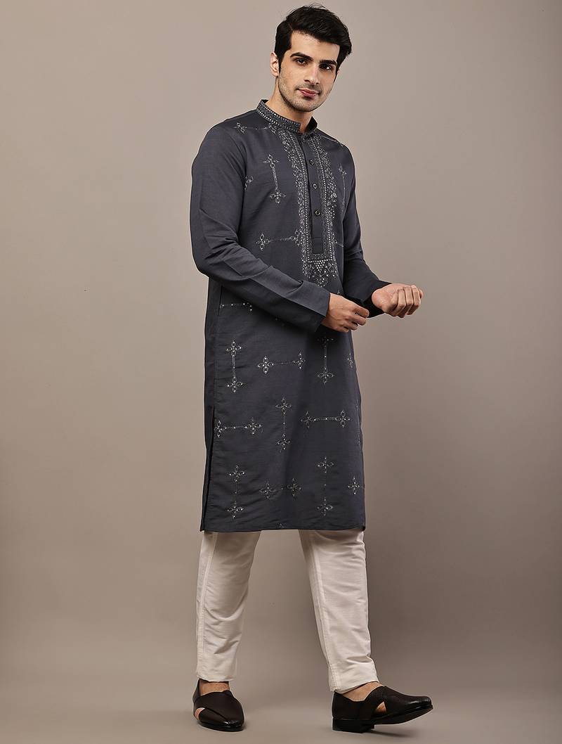 Men’s dark grey embroidered kurta pyjama set
