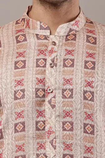 beige viscose kurta set with printed ethnic design