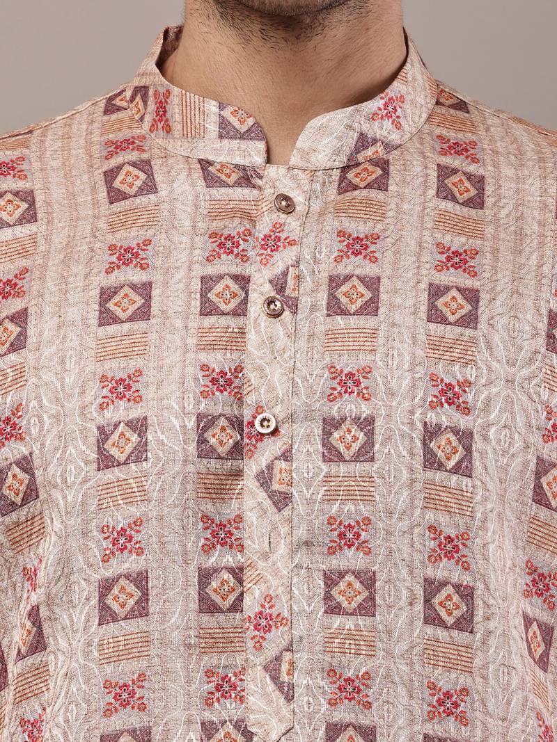 Men’s beige printed kurta pyjama set
