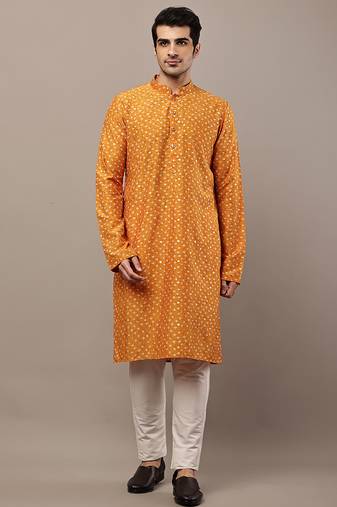 Men’s mustard printed kurta pyjama set