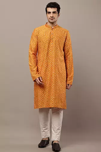 Men’s mustard printed kurta pyjama set