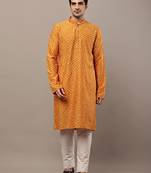 Men’s mustard printed kurta pyjama set