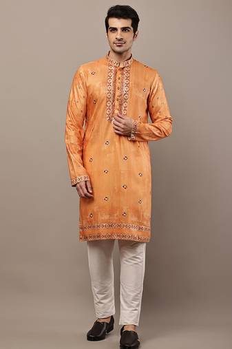 Men’s rust orange embroidered kurta pyjama set