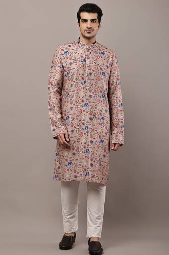 Men’s beige printed kurta pyjama set