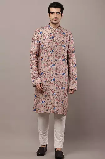 Men’s beige printed kurta pyjama set