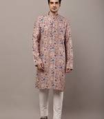 Men’s beige printed kurta pyjama set