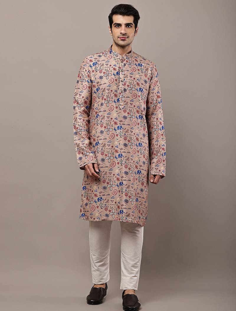 Men’s beige printed kurta pyjama set