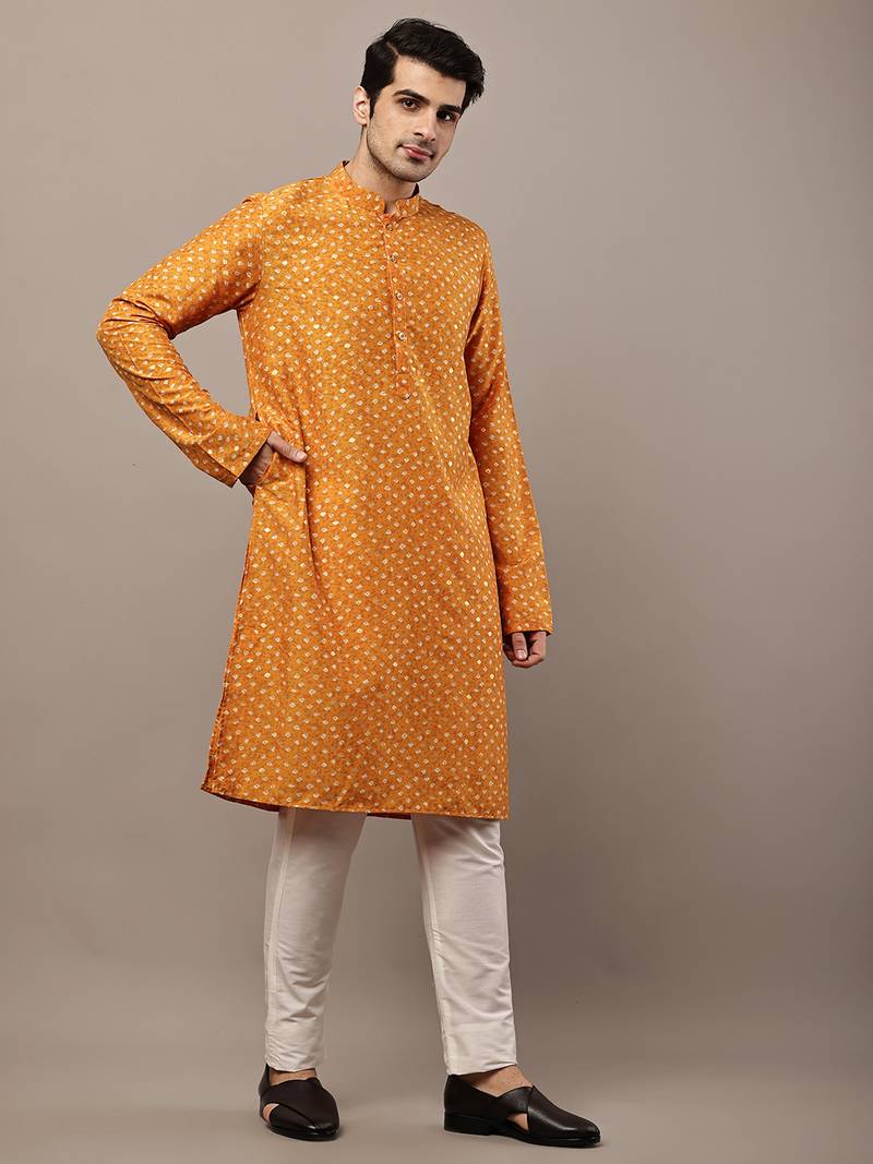 Men’s mustard printed kurta pyjama set