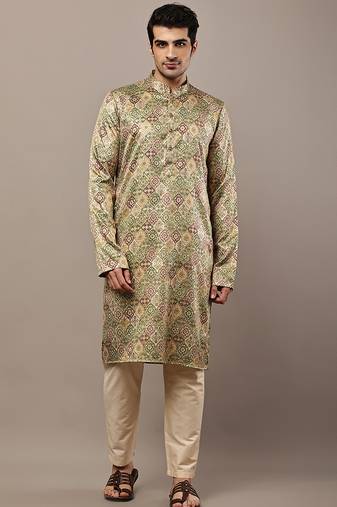 Men’s olive green printed kurta pyjama set