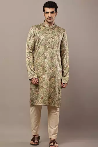 Men’s olive green printed kurta pyjama set