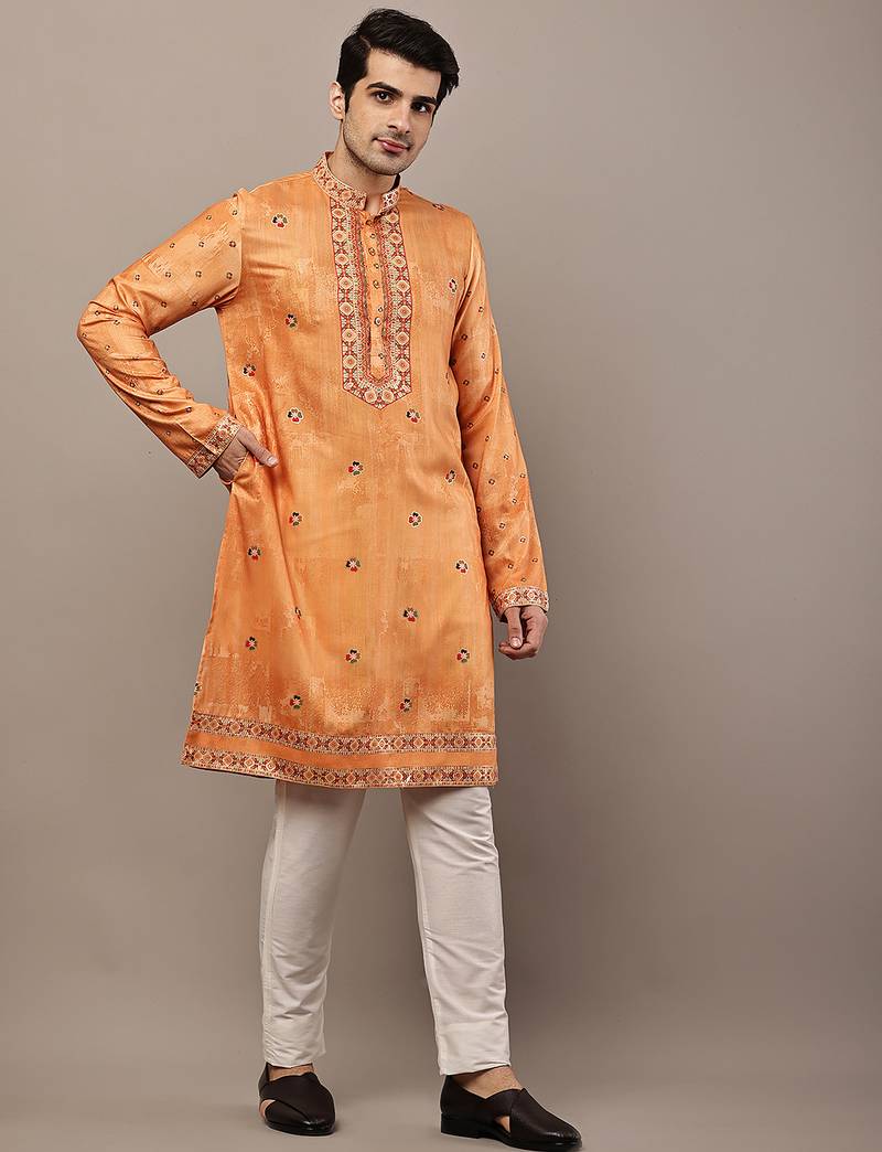 Men’s rust orange embroidered kurta pyjama set