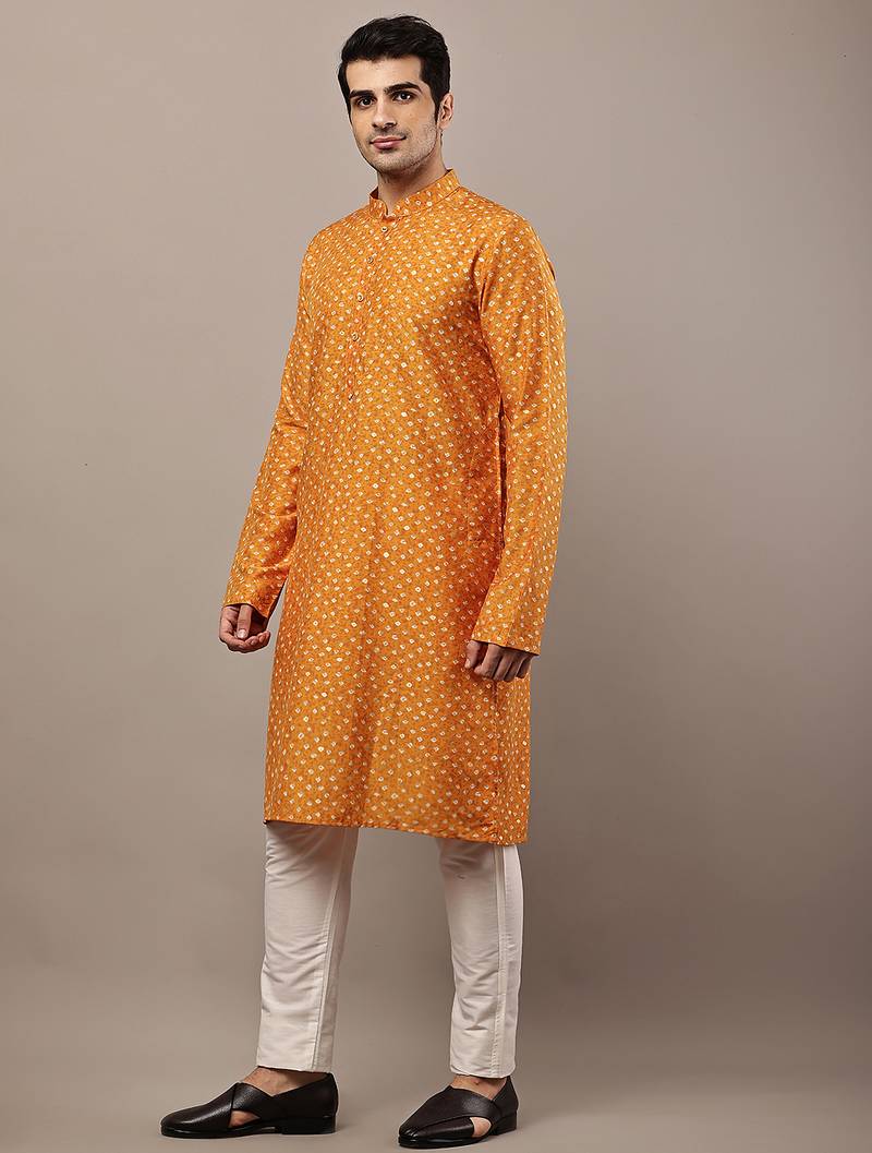 Men’s mustard printed kurta pyjama set