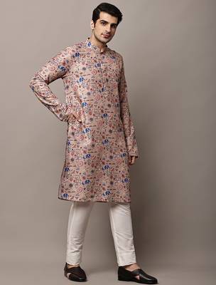 beige viscose kurta pyjama set with printed work 2