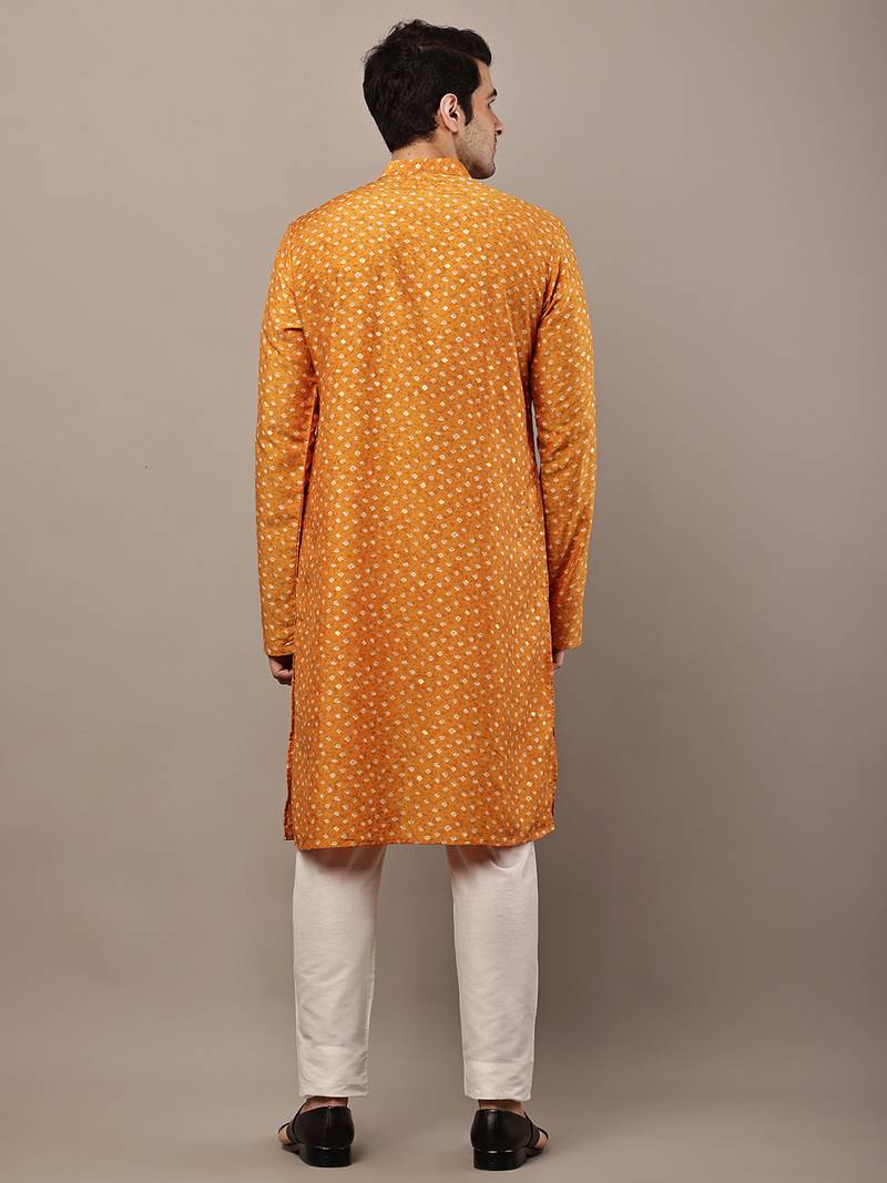 Men’s mustard printed kurta pyjama set