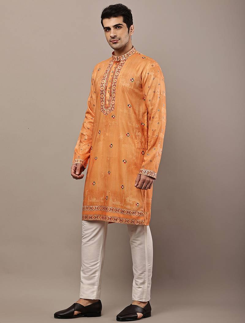 Men’s rust orange embroidered kurta pyjama set