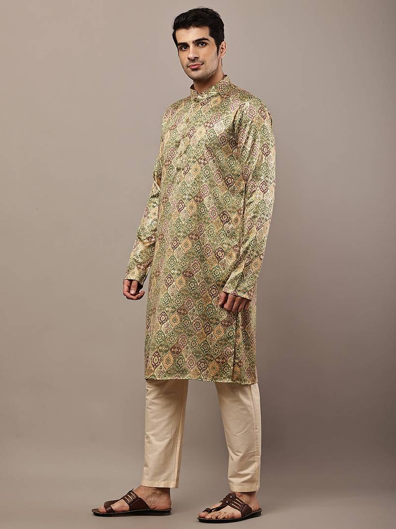 Men’s olive green printed kurta pyjama set