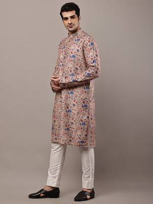 beige viscose kurta pyjama set with printed work 3