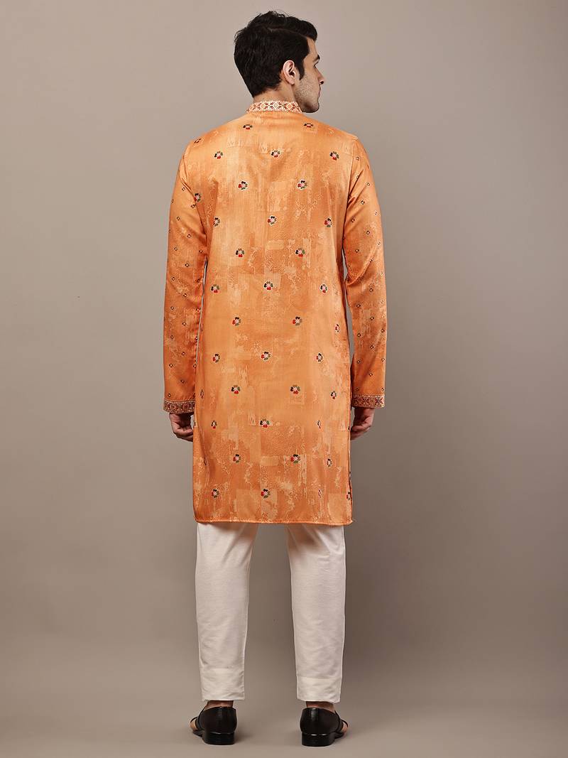 Men’s rust orange embroidered kurta pyjama set