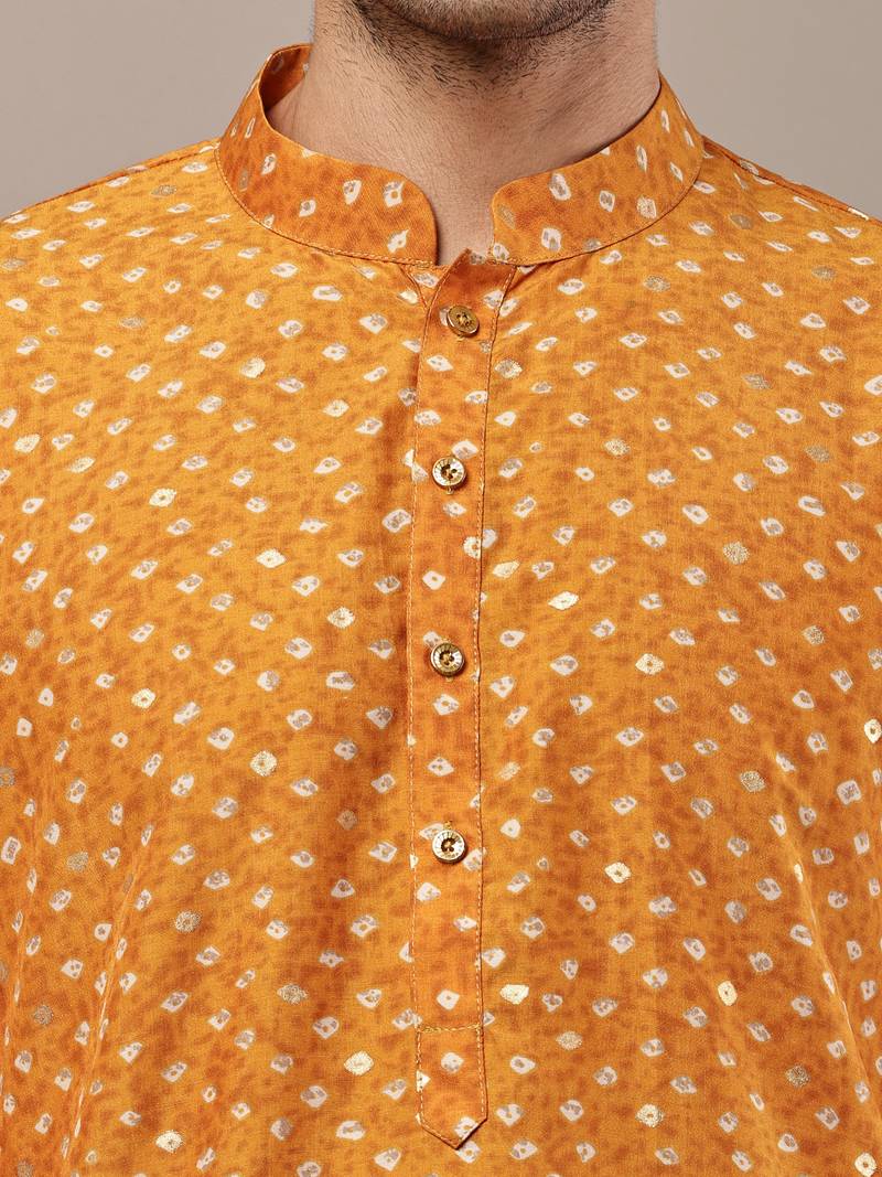 Men’s mustard printed kurta pyjama set
