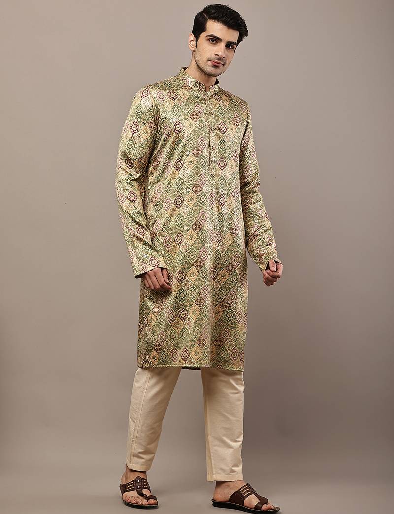 Men’s olive green printed kurta pyjama set