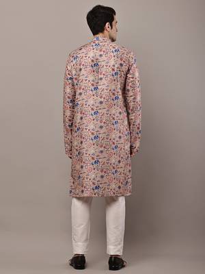 beige viscose kurta pyjama set with printed work 4