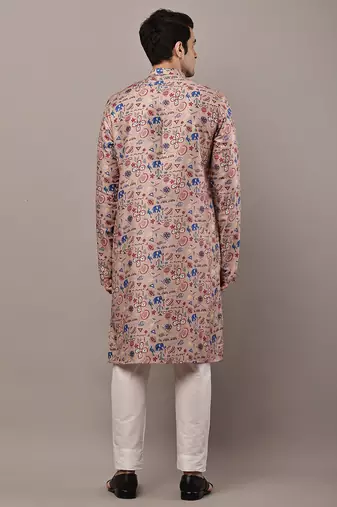 beige viscose kurta pyjama set with printed work