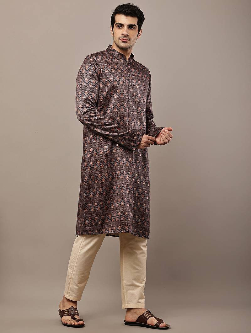 Men’s brown printed kurta pyjama set