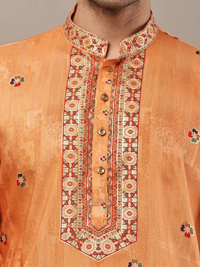Men’s rust orange embroidered kurta pyjama set
