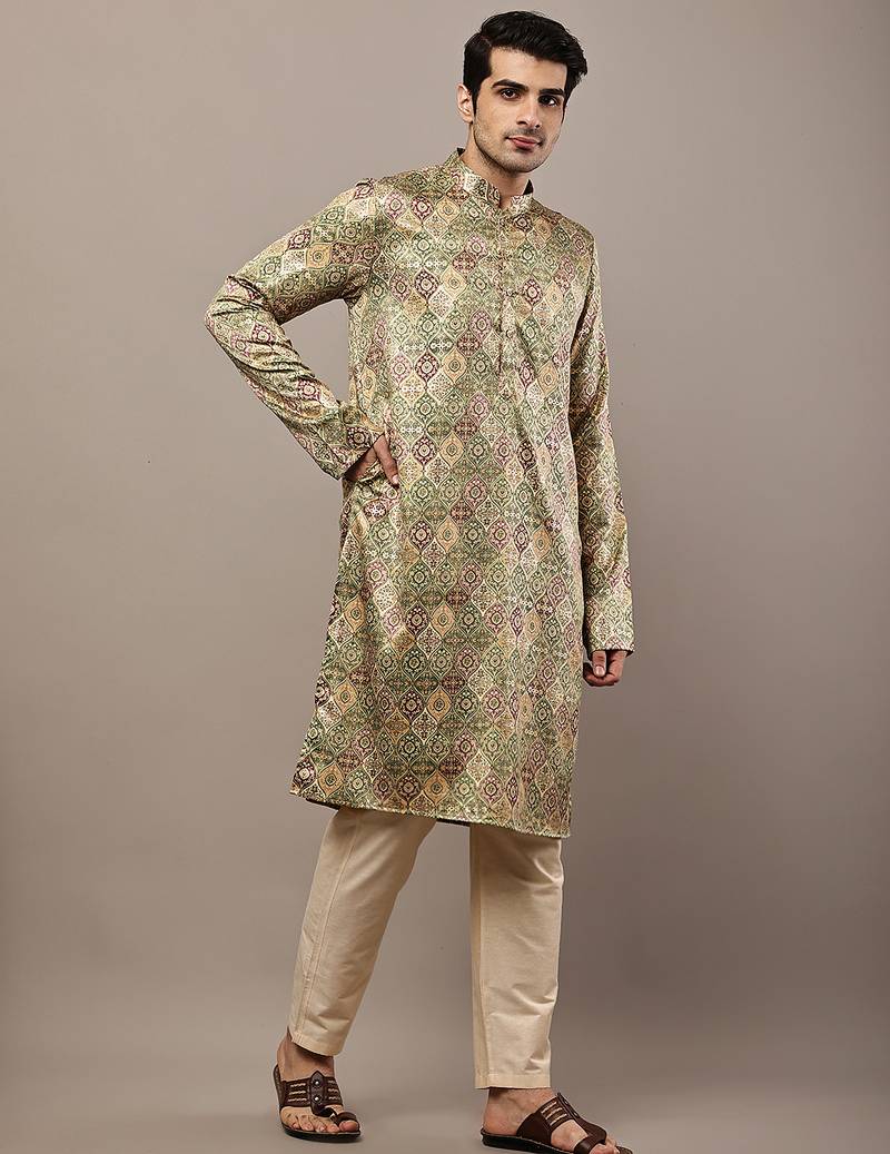 Men’s olive green printed kurta pyjama set