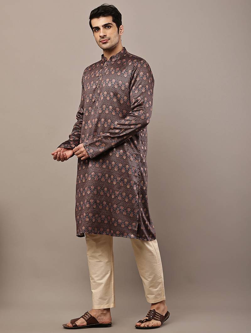 Men’s brown printed kurta pyjama set